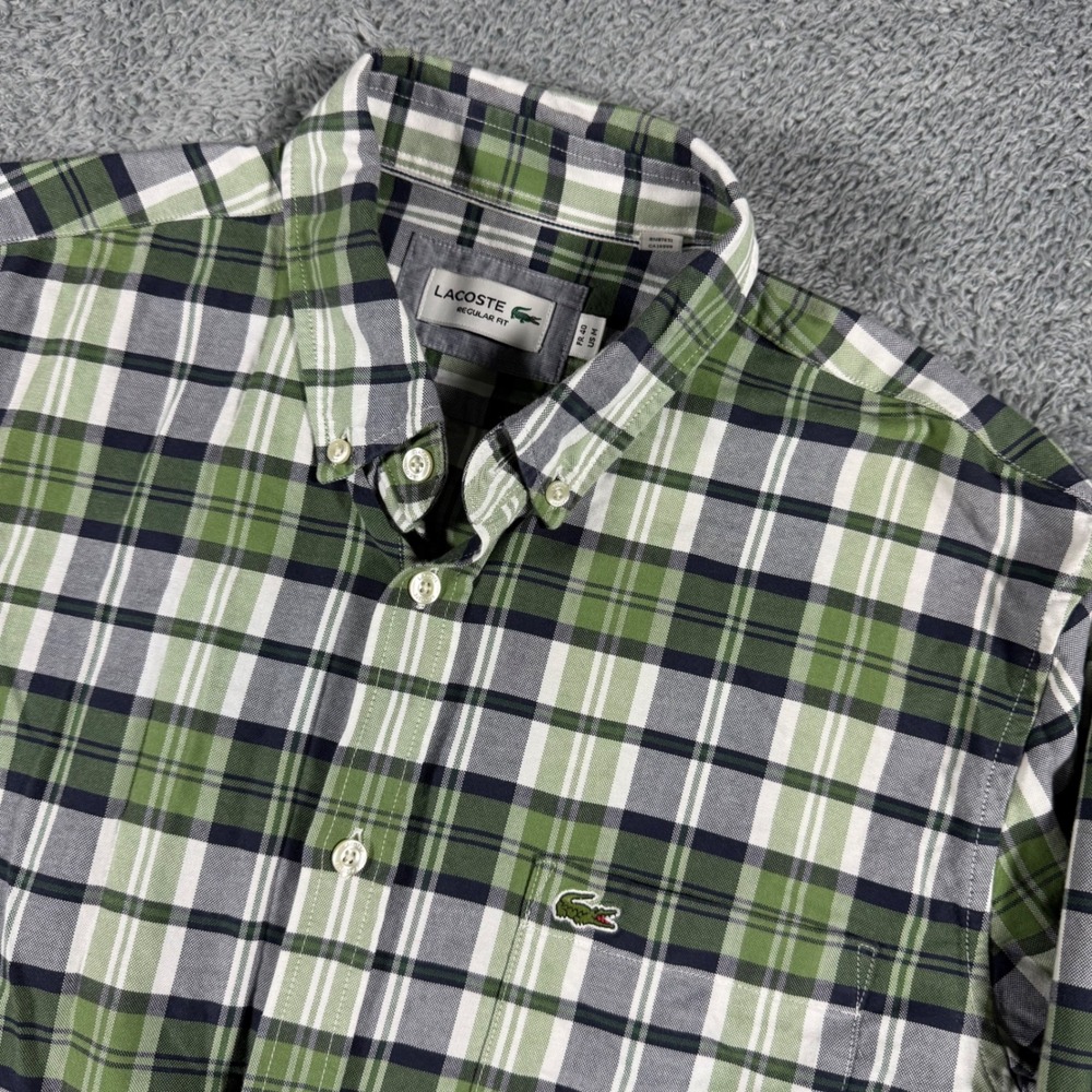Lacoste Oxford Button Down Shirt Mens‎ Medium Green Plaid Multicolor Chest Logo